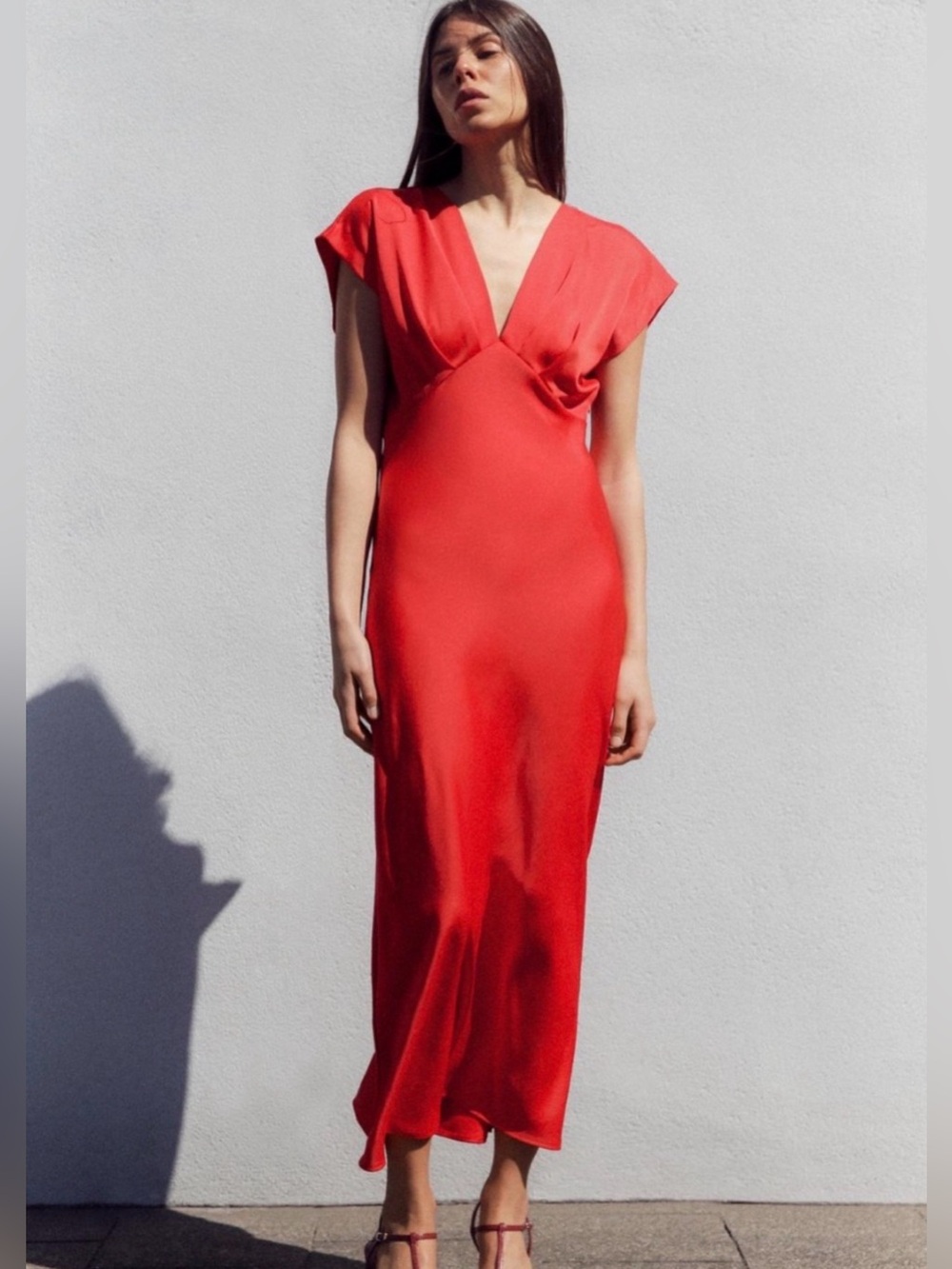 Zara Coral-Red V-Neck Satin Maxi Dress